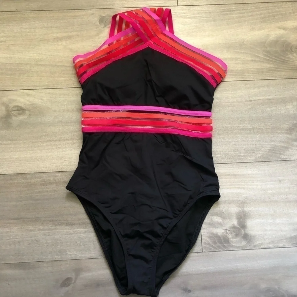 New Kenneth Cole High Neck Cross Front Banded One Piece Swimsuit S